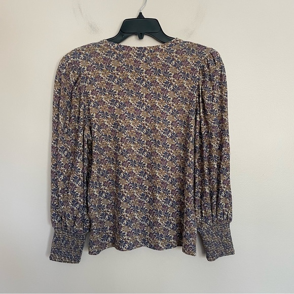 Nation LTD Purple Brown Floral Loren Smocked Peasant Puff Sleeve Top Medium - Picture 2 of 4